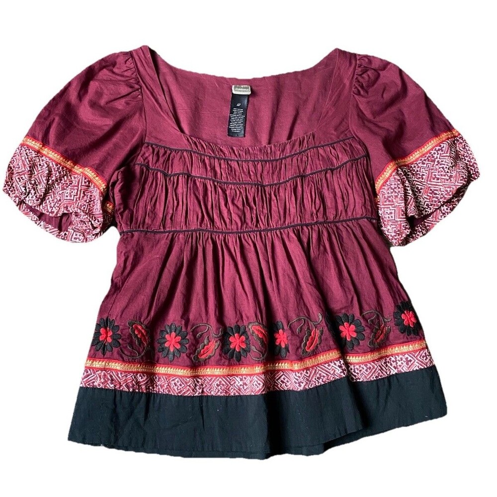 Antropologie Lithe Embroidered Peasant Blouse Boho Smocked Top Size 2 Cotton
